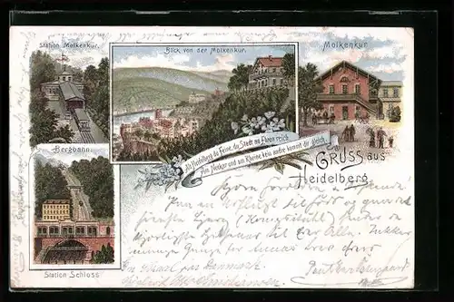 Lithographie Heidelberg, Ortsansicht mit Molkenkur und Bergbahn