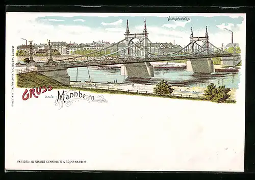 Lithographie Mannheim, Blick auf die Neckarbrücke