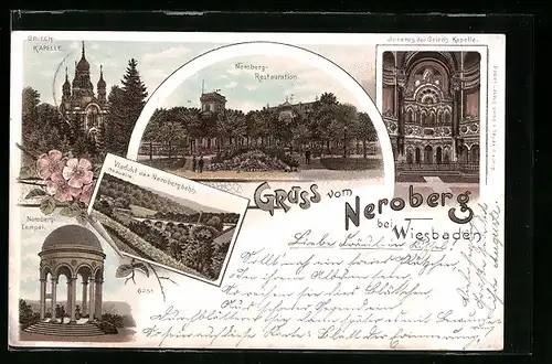 Lithographie Wiesbaden, Griech-Kapelle, Neroberg-Restaurant und Tempel