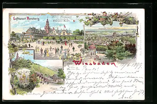 Lithographie Wiesbaden, Hotel-Restaurant und Weinhandlung Gebrüder Krell, Griechische Kapelle, Weinberg u. Drahtseilbahn