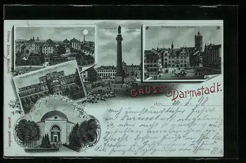 Mondschein-Lithographie Darmstadt, Residenz-Schloss und Kath. Kirche