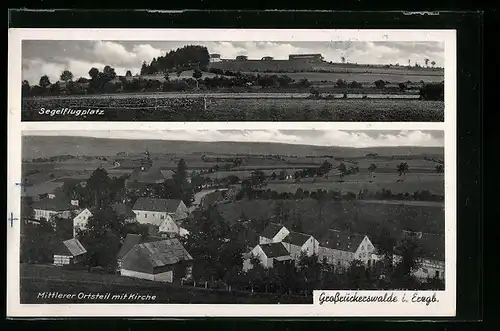 AK Grossrückerswalde i. Erzgb., Segelflugplatz und mittlerer Ortsteil mit Kirche