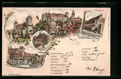 Lithographie Nürnberg, Kaiser-Stallung, Henkersteg und Dürerhaus