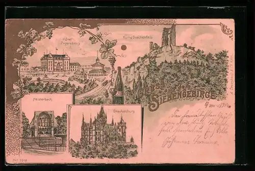 Lithographie Siebengebirge, Ruine Drachenfels, Hotel Petersberg und Drachenburg