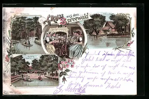 Lithographie Leipe, Buchans Gasthof, Waldpartie, Hof und Spinnerinnen in Tracht