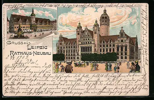 Lithographie Leipzig, Das alte und neue Rathaus
