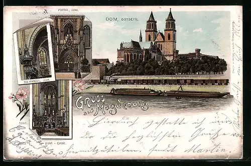 Lithographie Magdeburg, Dom, Ostseite, Portal, Chor