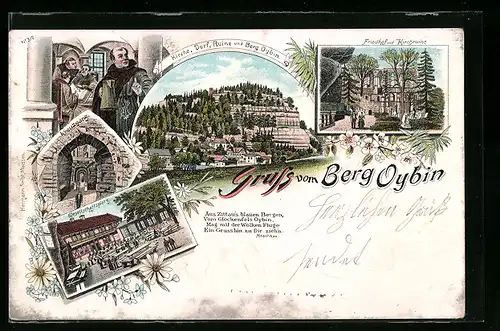 Lithographie Oybin, Gasthaus Gesellschaftsplatz, Friedrhof und Kirchruine