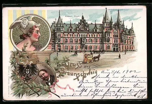 Lithographie Braunschweig, Kaiserl. Post, Hermes, Wappen und v. Podbielski