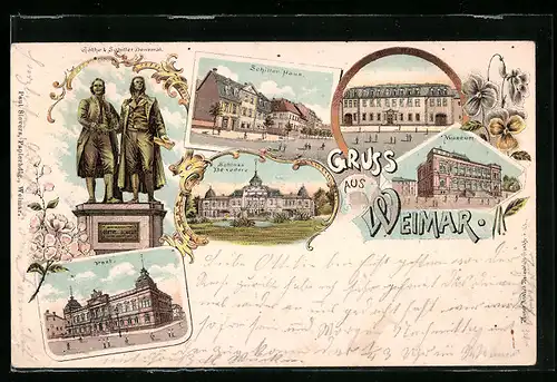 Lithographie Weimar, Schiller Haus, Museum, Göthe Haus, Post