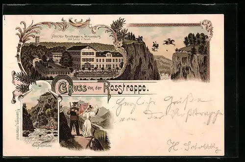 Lithographie Thale, Hotel Rosstrappe, Teufelsbrücke, Hexen