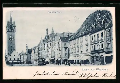 AK Straubing, Ludwigs-Platz mit Geschäften