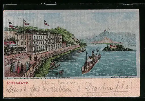 Seiden-Imitations-AK Rolandseck, Uferpartie mit Dampfer