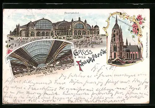 Lithographie Frankfurt a. M., Hauptbahnhof und Dom