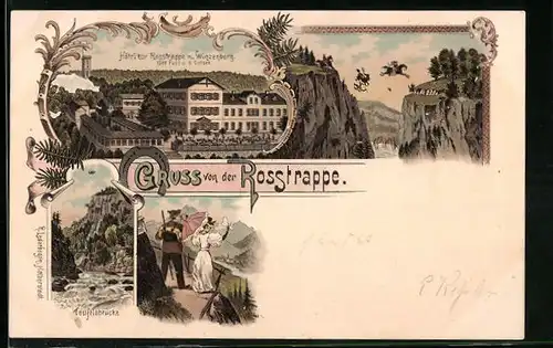 Lithographie Thale, Hotel Rosstrappe, Winzenburg, Teufelsbrücke