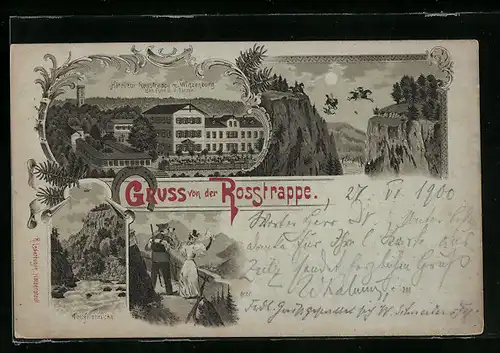 Lithographie Thale, Hotel Rosstrappe, Teufelsbrücke, Hexen