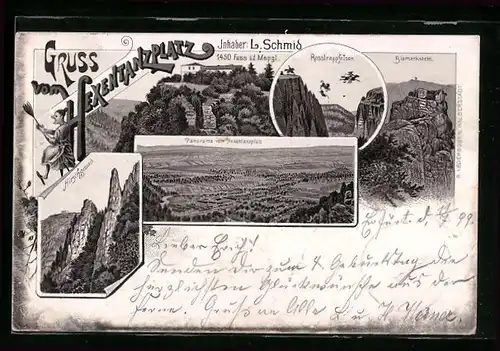 Lithographie Thale, Panorama vom Hexentanzplatz, Bismarkstein, Rosstrappenfelsen, Hirschgrund