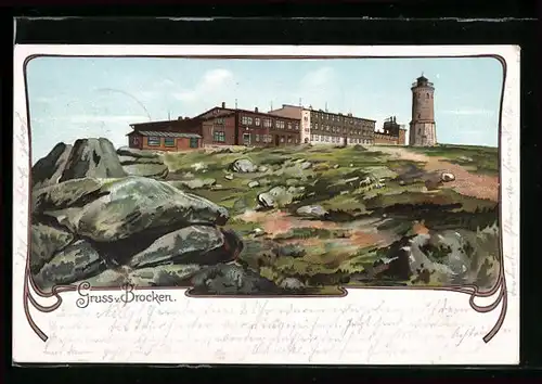 Lithographie Brocken, Gebäude und Turm auf dem Brocken