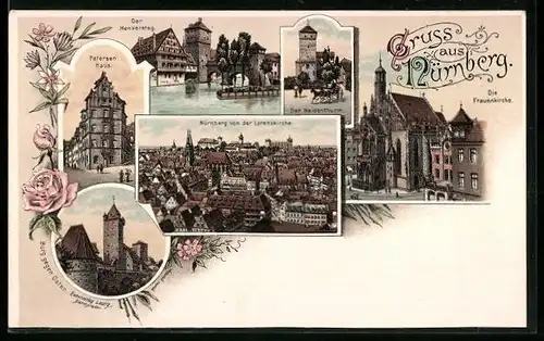 Lithographie Nürnberg, Ortsansicht von der Lorenzkirche, Frauenkirche, Petersen Haus