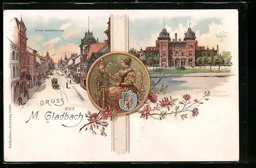 Lithographie Mönchengladbach, Blick auf die Untere Crefelderstrasse und das Kaiserbad