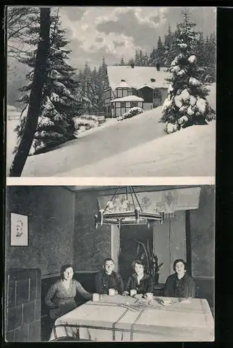 AK Vierenstrasse, Pension Chemnitzer Wanderheim von aussen und innen im Winter