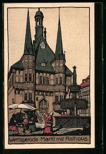 Steindruck-AK Wernigerode, Markt mit Rathaus und Brunnen