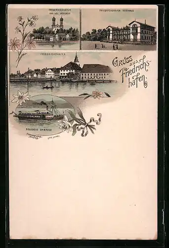 Lithographie Friedrichshafen, Schloss, Kurhaus, Bodensee-Dampfer