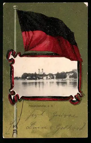Passepartout-Lithographie Friedrichshafen a. B., Uferpartie, Kirche