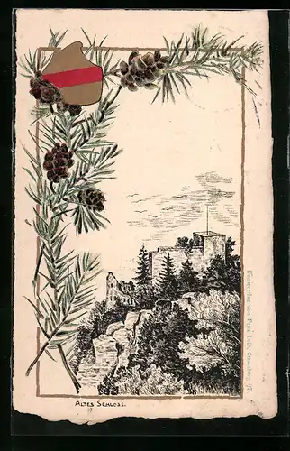 Lithographie Badenweiler, Altes Schloss