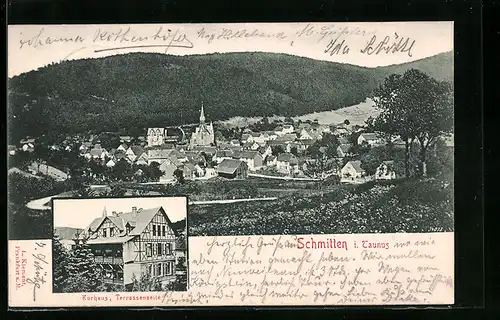 AK Schmitten i. Taunus, Ortsansicht aus der Vogelschau, Kurhaus von der Terrassenseite aus gesehen