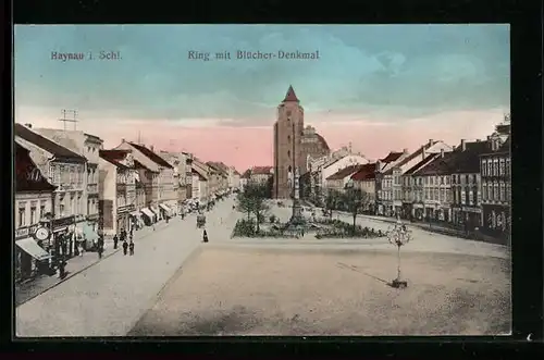 AK Haynau i. Schl., Strasse Ring mit Blücher-Denkmal