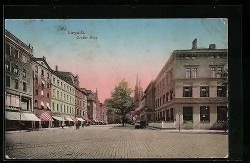 AK Liegnitz, Strasse Grosser Ring mit Cafe Hauptwache