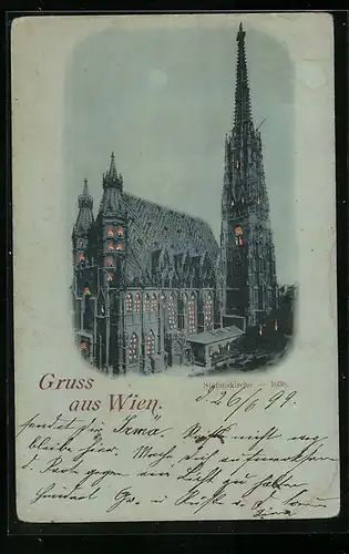 Mondschein-AK Wien, Stefanskirche mit leuchtenden Fenstern