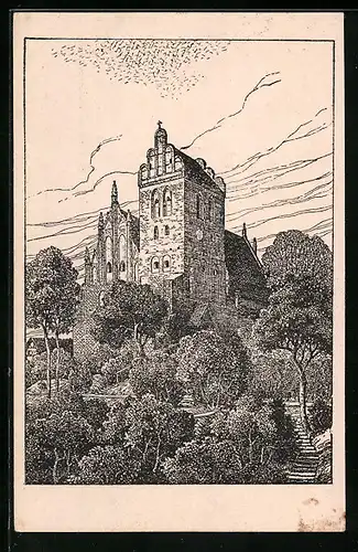 Künstler-AK Dt. Eylau, Ordenskirche mit Umgebung