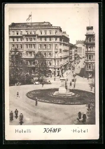 AK Helsinki, Hotel Kamp und Denkmal-Anlage aus der Vogelschau