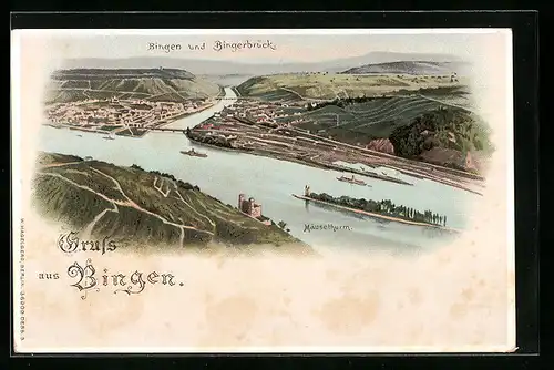 Lithographie Bingen, Teilansicht mit Bingerbrück und Mäuseturm