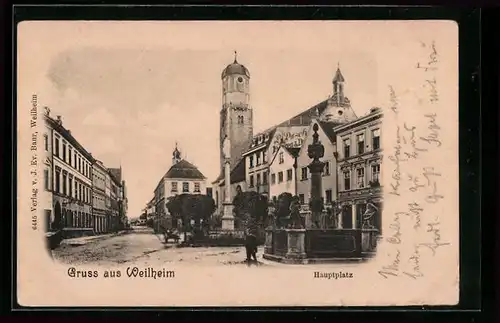 AK Weilheim, Partie am Hautplatz mit dem Rathaus