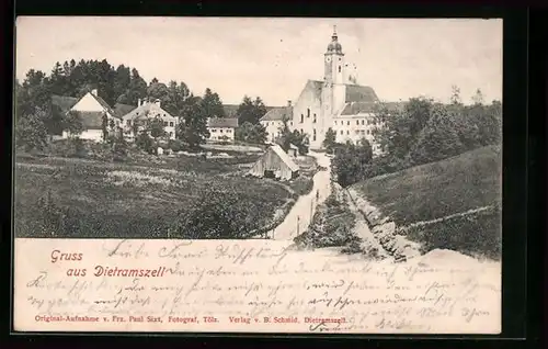 AK Dietramszell, Ortspartie mit Blick zum Kloster