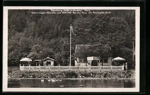 AK Treseburg-Halde, Blick auf Gast- u. Logier-Häus`chen zum Goethe-Gartenhaus