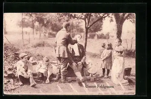 AK Unsere Feldgrauen, Pionier beim Friseur