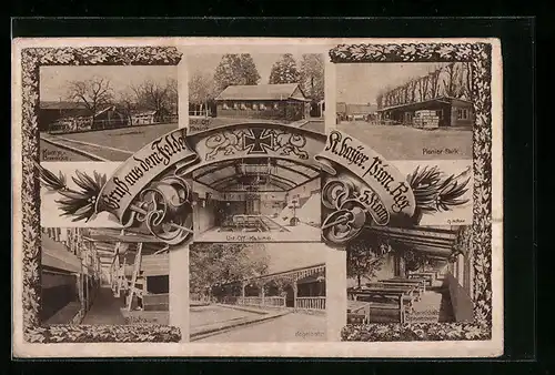 AK Königlich-Bayer. Pionier-Regiment, Blick auf Pionier-Park, Speiseraum, Schlafraum und Kegelbahn