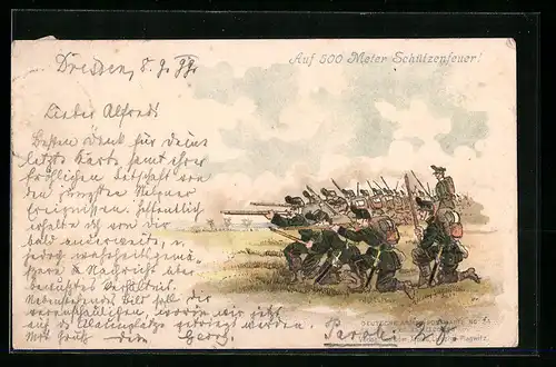 Lithographie Soldaten der Infanterie im Schützenfeuer