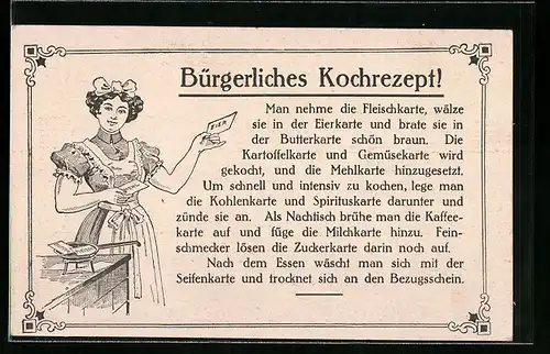 AK Bürgerliches Kochrezept, Kriegsnot, Fleischkarte