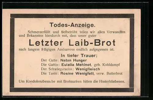 AK Kriegsnot, Letzter Laib Brot, Todes-Anzeige