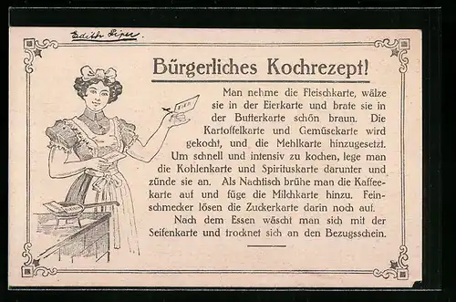 AK Bürgerliches Kochrezept, Kriegsnot, Fleischkarte