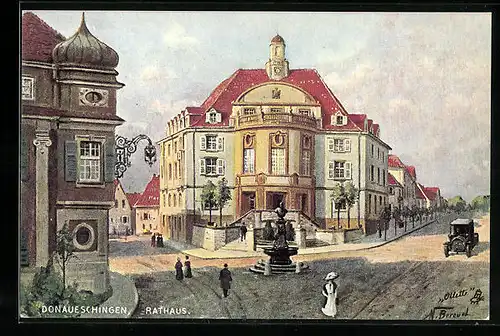 Künstler-AK Donaueschingen, Strassenpartie am Rathaus