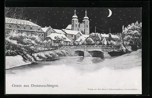 AK Donaueschingen, Blick auf Schützenbrücke und Stadtkirche bei Mondschein
