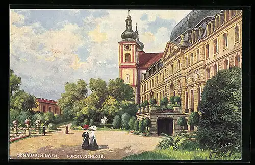 Künstler-AK Donaueschingen, Fürstliches Schloss und Stadtkirche St. Johann
