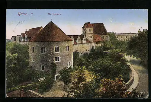 AK Halle a. S., Moritzburg mit Strasse aus der Vogelschau