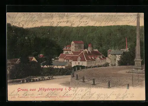 AK Mägdesprung i. H., Ortsansicht mit Obelisk